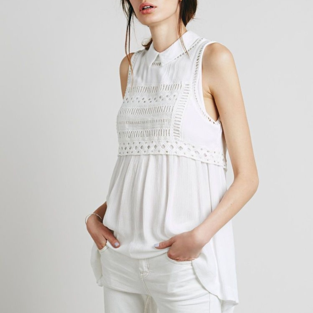 Free People Soft White Knit Collar Blouse